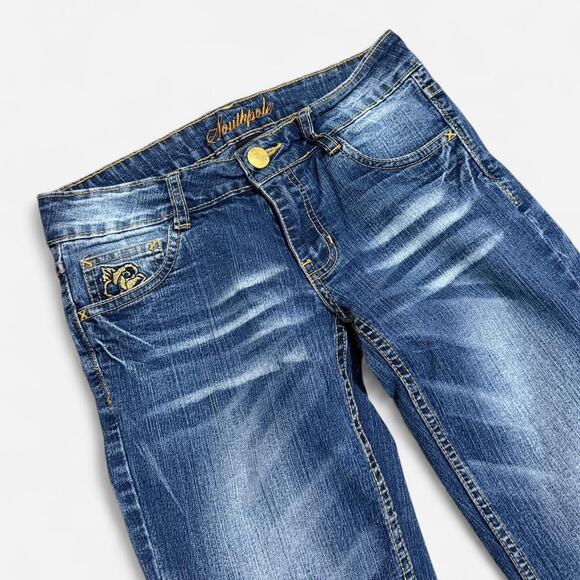 Y2K Southpole Blue Washed Denim Gold Floral Embroidered Boot-Cut Low Rise Jeans - Picture 4 of 8